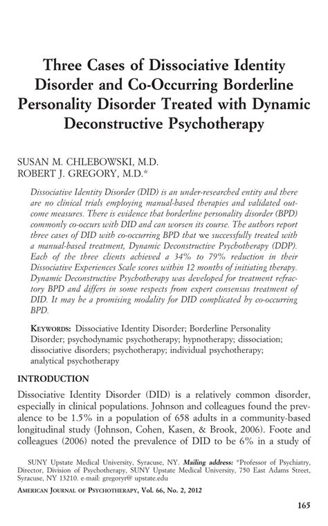 Perhaps because it is considered the most severe of the diagnoses (ISSTD, 2012), much of the literature appears to focus on DID. . Dissociative identity disorder case study pdf